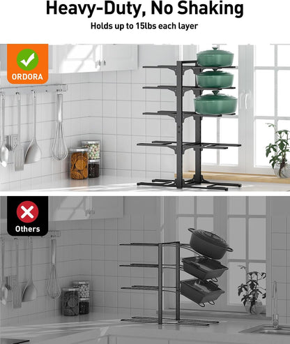 ORDORA Pots and Pans Organizer for Cabinet 16.61 Height, 8 Tier Pot Organizers Rack with 3 DIY Methods, Adjustable Pan Organizer under Cabinet Kitchen Organization and Storage