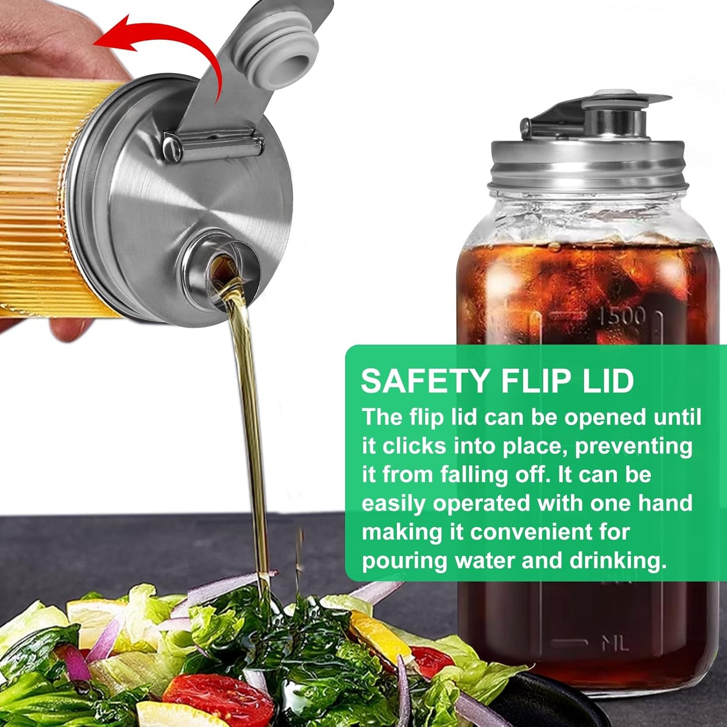 2 Pack Wide Mouth Mason Jar Stainless Steel Pour Spout Lid, Reusable Mason Jar Lids, for 86MM Ball Wide Mouth Mason Jars, Leak Proof Seal, for Drinking Salad Dressing & Food Storing