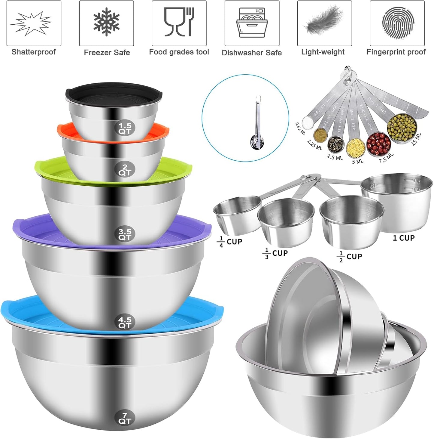WEPSEN 5-Speed Electric Hand Mixer, 4 Large Mixing Bowls Set, Handheld Mixers with Whisks Beater, Stainless Steel Metal Nesting Bowl Measuring Cups Spoons Kitchen Cake Blender for Baking Supplies