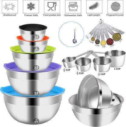 WEPSEN 5-Speed Electric Hand Mixer, 4 Large Mixing Bowls Set, Handheld Mixers with Whisks Beater, Stainless Steel Metal Nesting Bowl Measuring Cups Spoons Kitchen Cake Blender for Baking Supplies