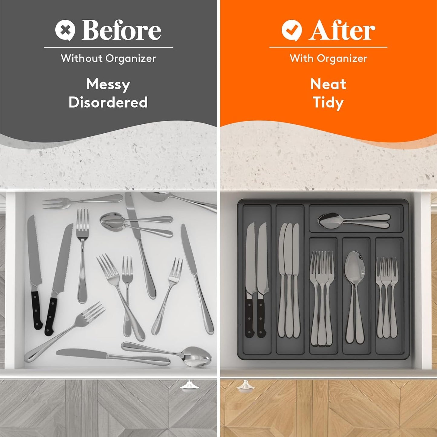 Lifewit Silverware Organizer with Lid, Covered Utensil Tray for Kitchen Drawer and Countertop, Plastic Cutlery and Flatware Storage Box for Spoons Forks Knives Holder Case, 12.6x11.8", Gray