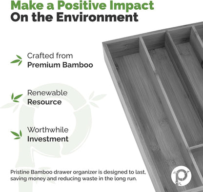 Pristine Bamboo Silverware Organizer - Small Extra-Deep Wooden Kitchen Drawer Organizer Divider for Spoons, Forks, Knives & Cutleries - 5 Slots