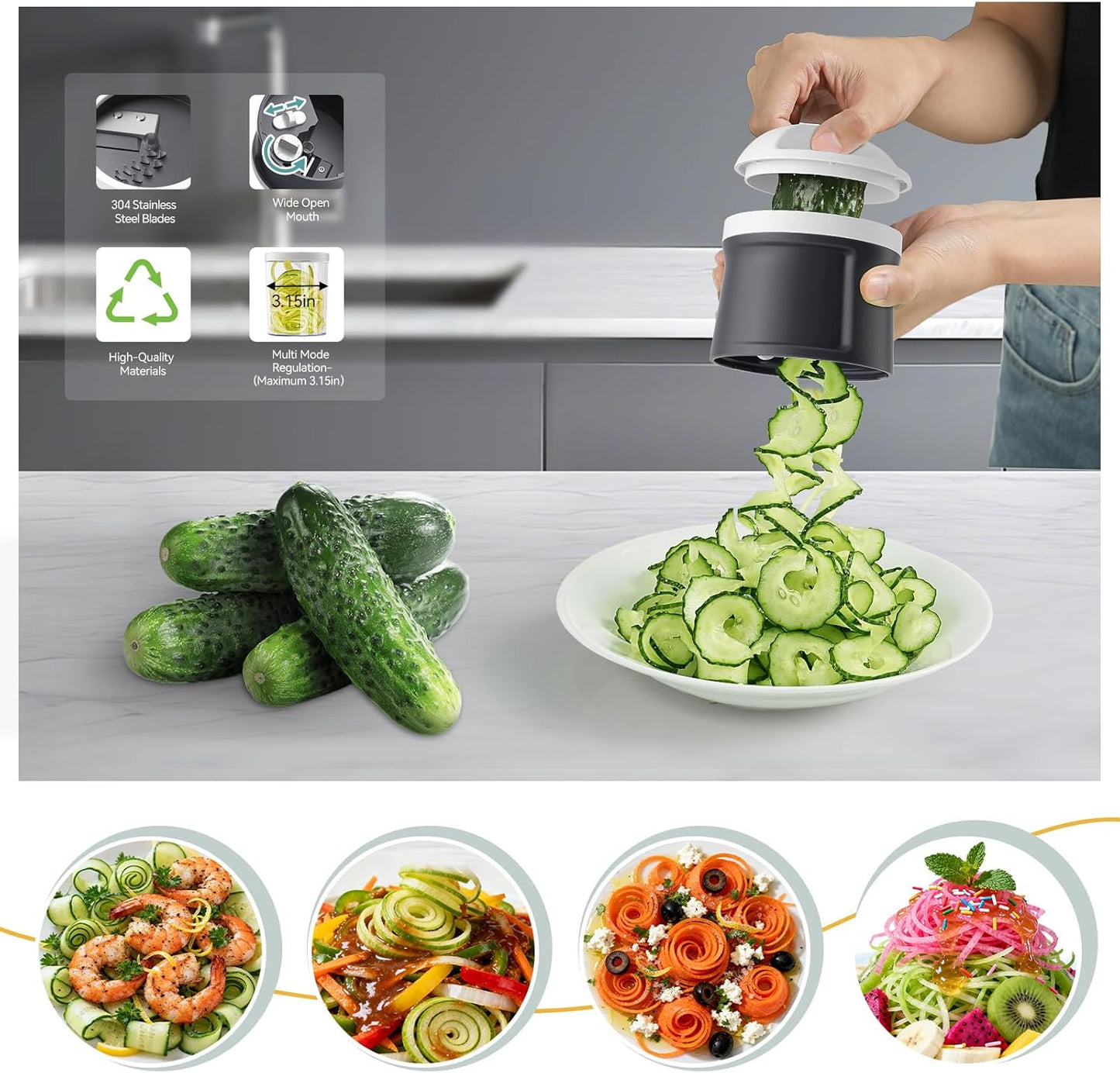 3 in 1 Vegetable Spiralizer Slicer, Adjustable Thickness 0-3mm, Zucchini Spiralizer Veggie Noodle Maker for Cucumber/Zoodle/Salad/Spaghetti/Pasta with Food Container, Cleaning Brush, Black