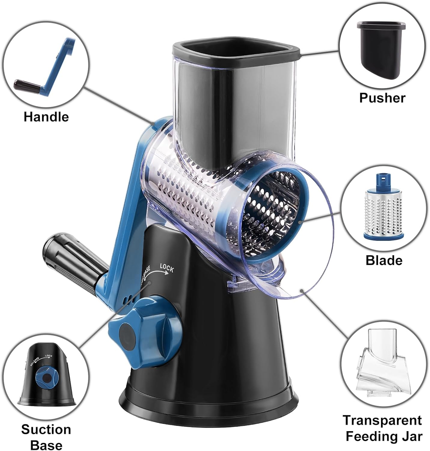 Cheese Grater Rotary, Rotary Grater for Kitchen, Kitchen Grater Vegetable Slicer with 3 Drum Blades, Fast Cutting Cheese Shredder for Vegetables and Nuts