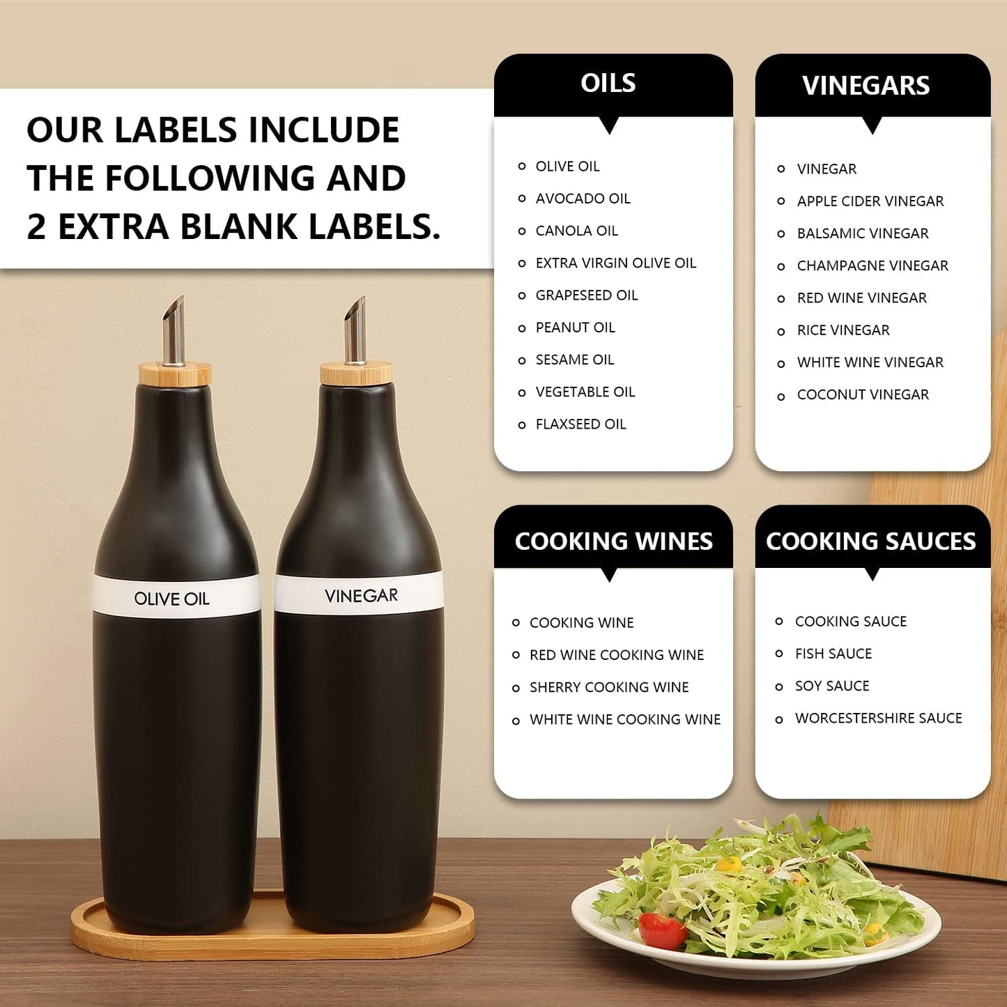 HOMCDALY Ceramic Olive Oil Dispenser for Kitchen, Stoneware 16oz Oil Cruet and Vinegar Bottles Dispenser, Kitchen Dispenser Bottle for EVOO Vinegar Syrups, Modern Farmhouse Design(W-O)
