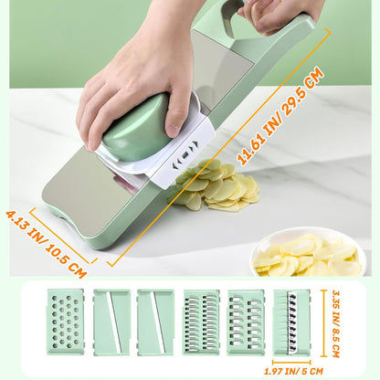Vegetable Chopper, Mandoline Food Slicer Cutter with Handheld Container, 6 Blades and Blade Box, Cucumber Slicer, Magnetic Kitchen Tools for Veggie Potato Onion Carrot (Green(No magnet), 7 in 1)