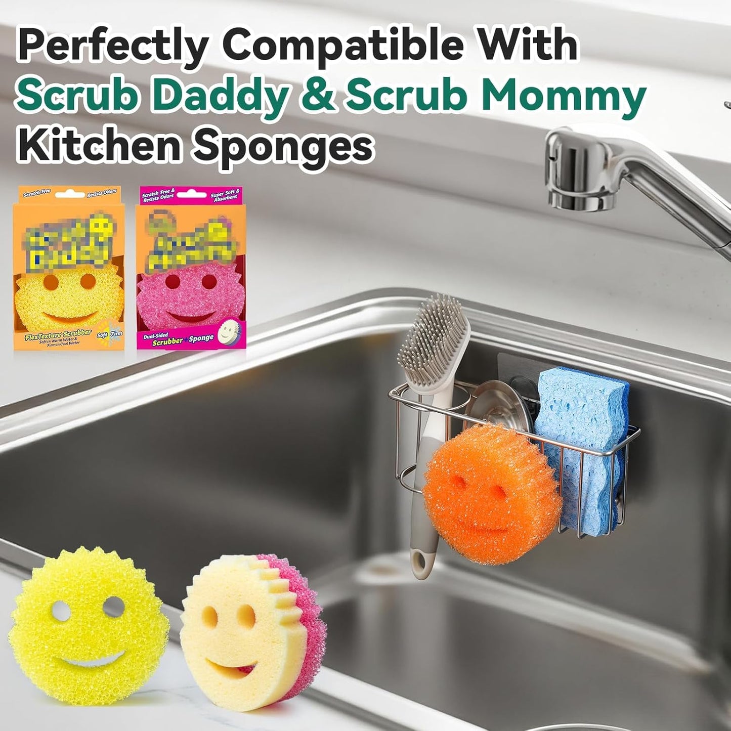 3-In-1 Sponge Holder for Kitchen Sink with Suction Cups & Adhesive Hook , In-sink Sponge Holder, Wall Hanging Sink Caddy Organizer Rack - Sponge, Dish Cloth, Brush, Scrubber - 304 Stainless Steel
