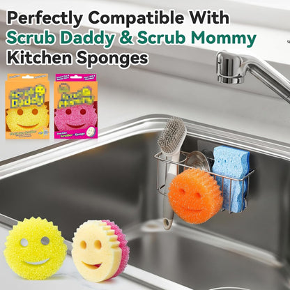 3-In-1 Sponge Holder for Kitchen Sink with Suction Cups & Adhesive Hook , In-sink Sponge Holder, Wall Hanging Sink Caddy Organizer Rack - Sponge, Dish Cloth, Brush, Scrubber - 304 Stainless Steel