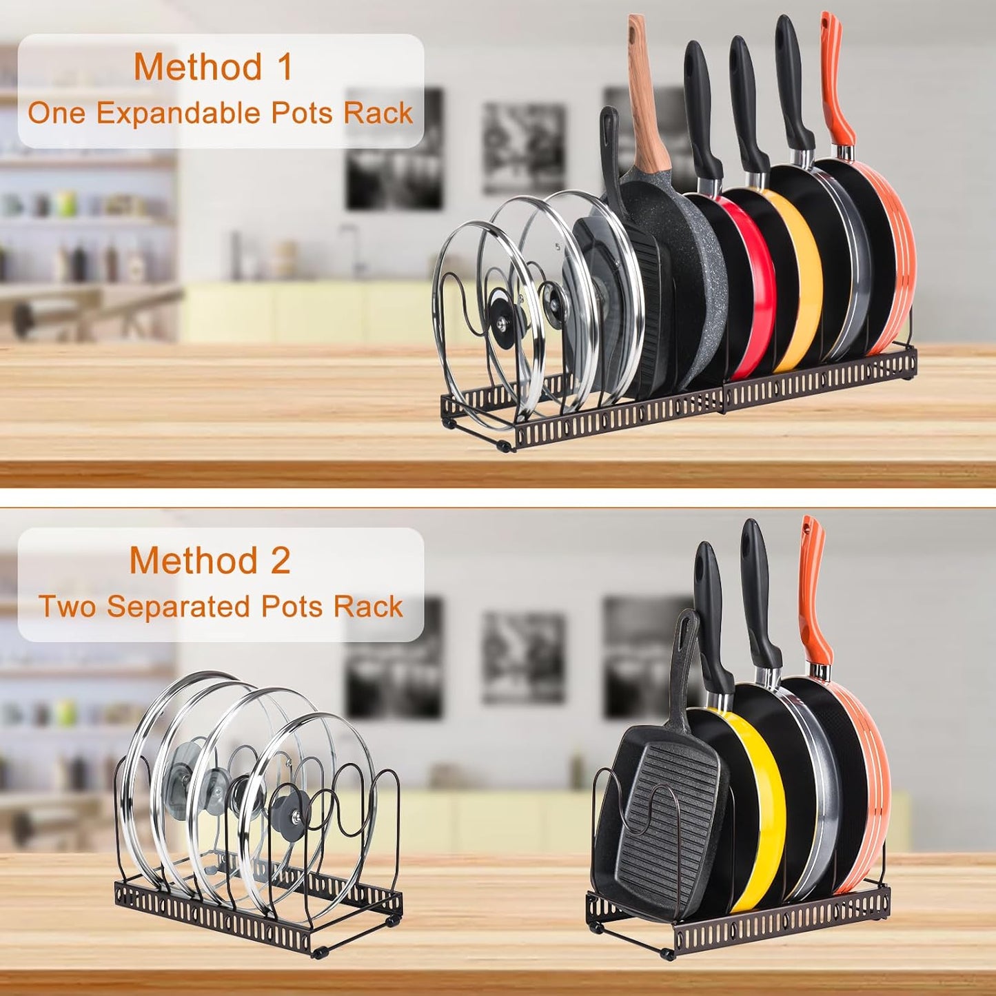 Toplife Pot Lids Organizer Rack for Cabinet and Countertop, 7+ Pan Lids and Bakeware Organizer Rack Holder with 7 Adjustable Compartments - Brown