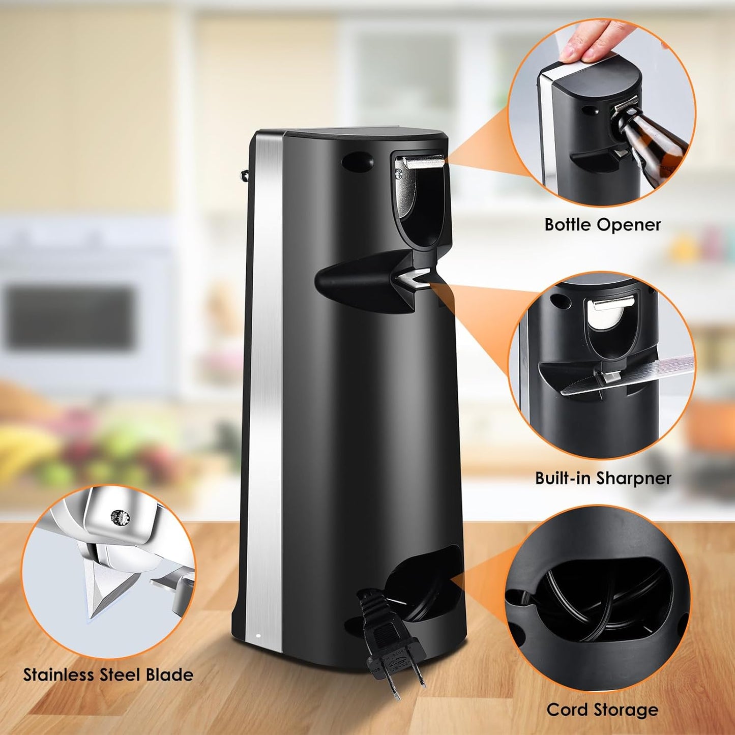 Davivy Electric Can Opener - One-Touch Hands-Free Operation,Removable Stainless Steel Cutter, 3-in-1 Design with Knife Sharpener&Bottle Opener(Blue)