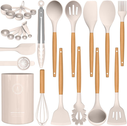 AVGPD Silicone Cooking Utensils Set, Silicone Utensils for Cooking, 446° Heat Resistant Kitchen Utensil Silicone Spatula Sets, Kitchen Gadgets for Non-Stick Cookware BPA FREE (Cream White)