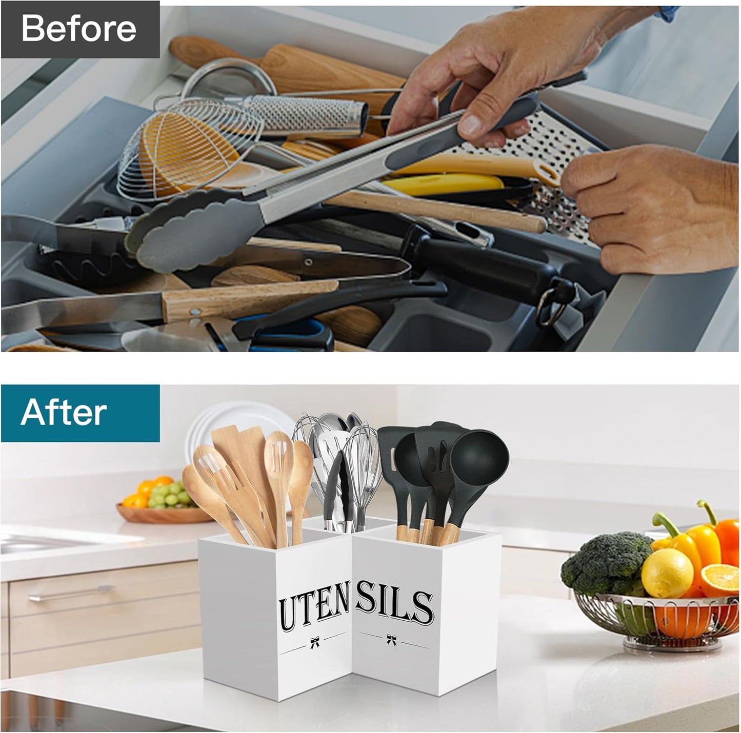 Suli Extra Large Kitchen Utensils Holder with 3 Compartments,Corner Utensil Caddy for Countertop,Wooden Utensil Organizer for Kitchen Countertop, Farmhouse Decor- Black