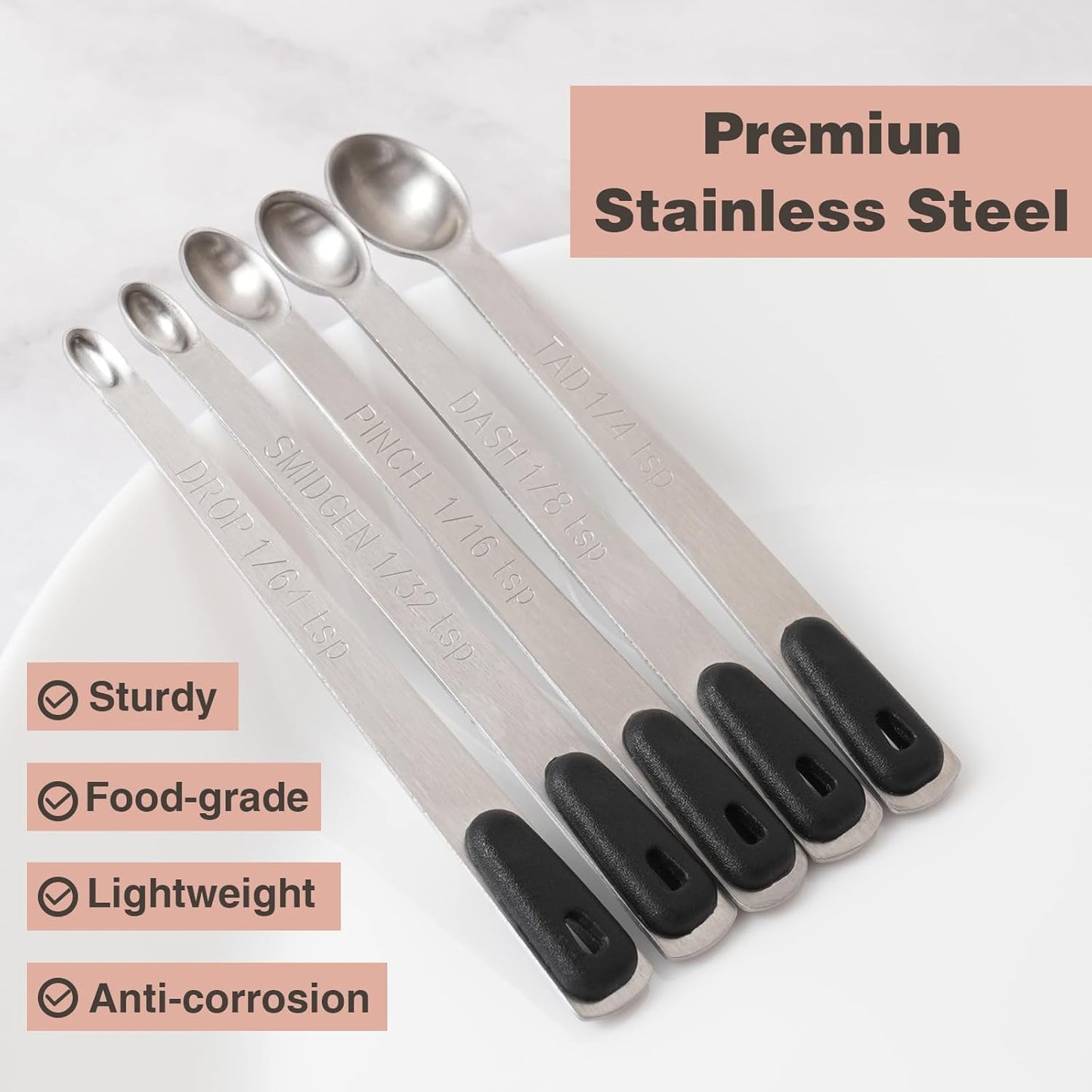 Mini Measuring Spoons Set, Tiny Stainless Steel Measure Teaspoons with Black Silicone Handle, Suitable for Small Amount of Dry or Liquid Ingredients and Spices (1/64, 1/32, 1/16, 1/8, 1/4 tsp)