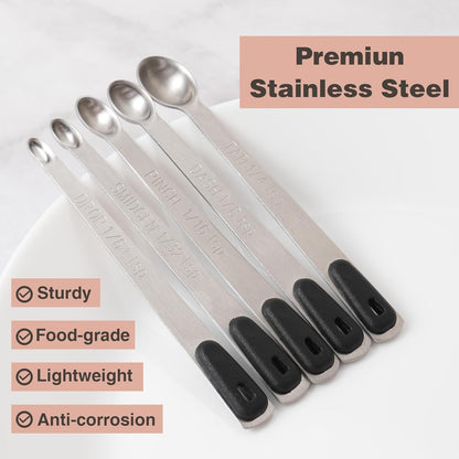 Mini Measuring Spoons Set, Tiny Stainless Steel Measure Teaspoons with Black Silicone Handle, Suitable for Small Amount of Dry or Liquid Ingredients and Spices (1/64, 1/32, 1/16, 1/8, 1/4 tsp)