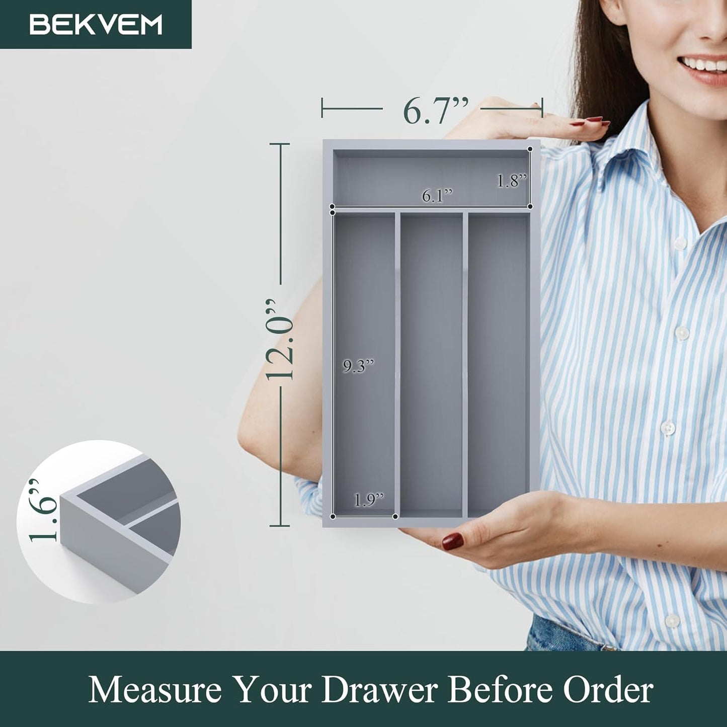 Bamboo Silverware Organizer, Kitchen Drawer Organizer, Utensil Holder, Cutlery Tray & Spoon Flatware Storage with Grooved Drawer Dividers (9.5''W x 13.5''D)
