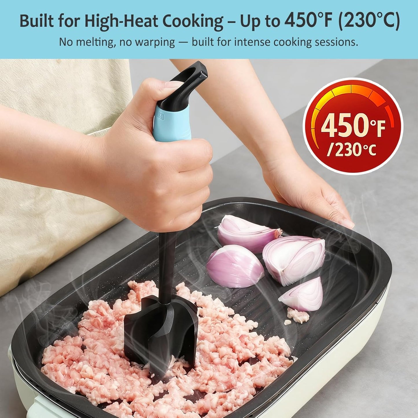 Ourokhome Meat Chopper and Potato Masher, Heat Resistant Nylon Ground Beef Smasher for Hamburger, 5 Curved Blades Nonstick Mixer & Stirrer, Practical Kitchen Gadgets, Black