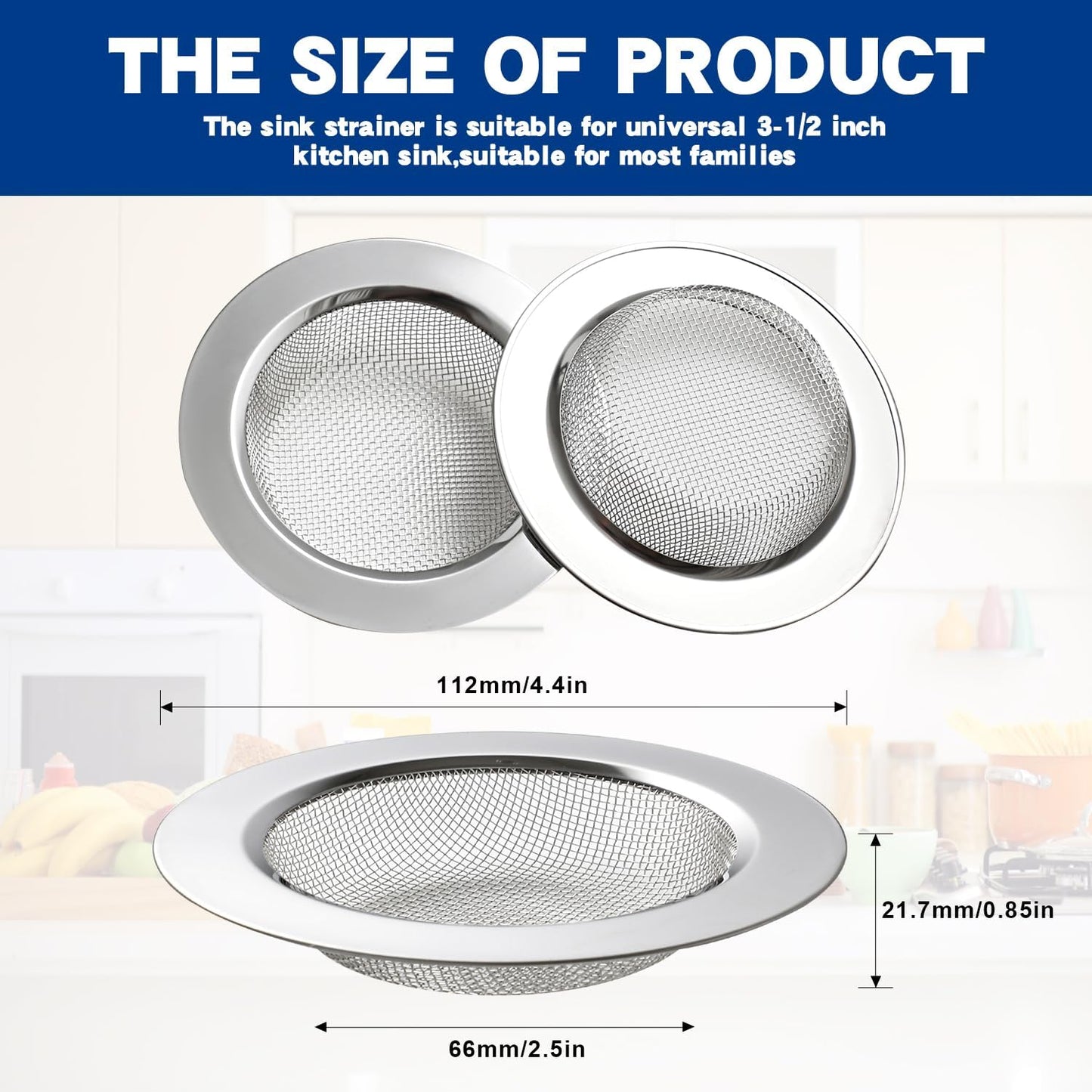 RQYEKDO Kitchen Sink Strainer Stainless Steel with Coarse Mesh4.4 Wide Rim Drain Strainer |Fits Standard Sinks & GarbageDisposals(Silver)(2pcCoarse & Fine Mesh)