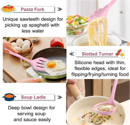 TeamFar Silicone Cooking Utensil Set of 7, Black Kitchen Nonstick Tools Turner Spoon Spatula Ladle Pasta Server for Nonstick Cookware, Healthy & One-Piece, Anti-Heat & Dishwasher Safe