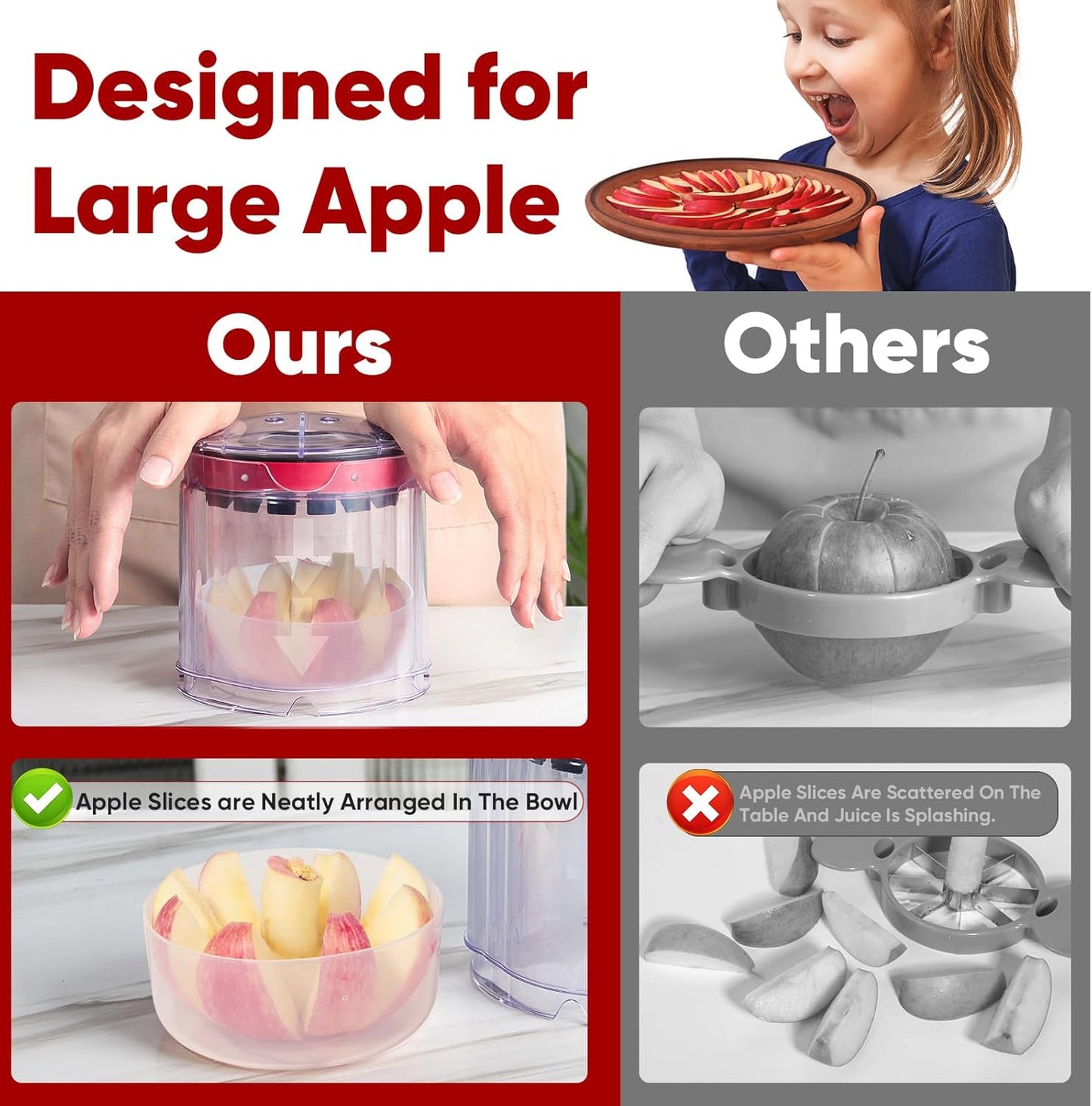 OOKUU Extra-Large Apple Slicer & Corer – 16-Blade Heavy Duty Stainless Steel Apple Cutter, Safe & Quick Apple Divider for Apples, Pears & More, with Clear Catch Bowl
