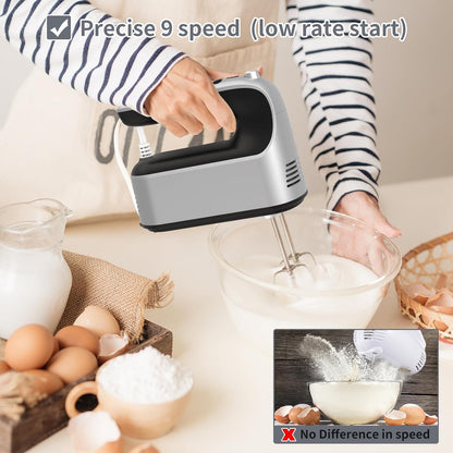 Yomelo 9-Speed Digital Hand Mixer Electric, 400W Powerful DC Motor, Hand Mixer Electric Handheld with Snap-On Storage Case, 5 Stainless Steel Accessories, Beaters, Dough Hooks, Whisk(Ice Blue/Black)