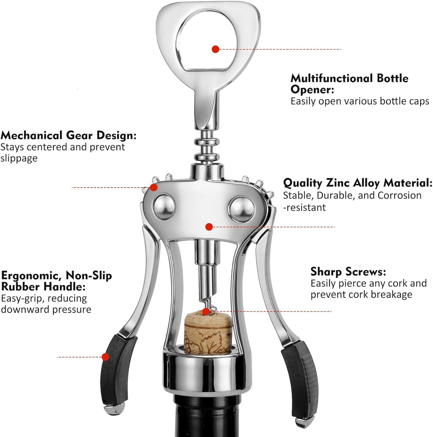 KORCCI Wine Opener, Heavy-Duty Zinc Alloy Wing Corkscrew, Premium Beer Bottle Opener, Multifunctional Wine Accessories with Ergonomic Handle and Sharp Screw, for Kitchen, Bar, Restaurant (SILVER)