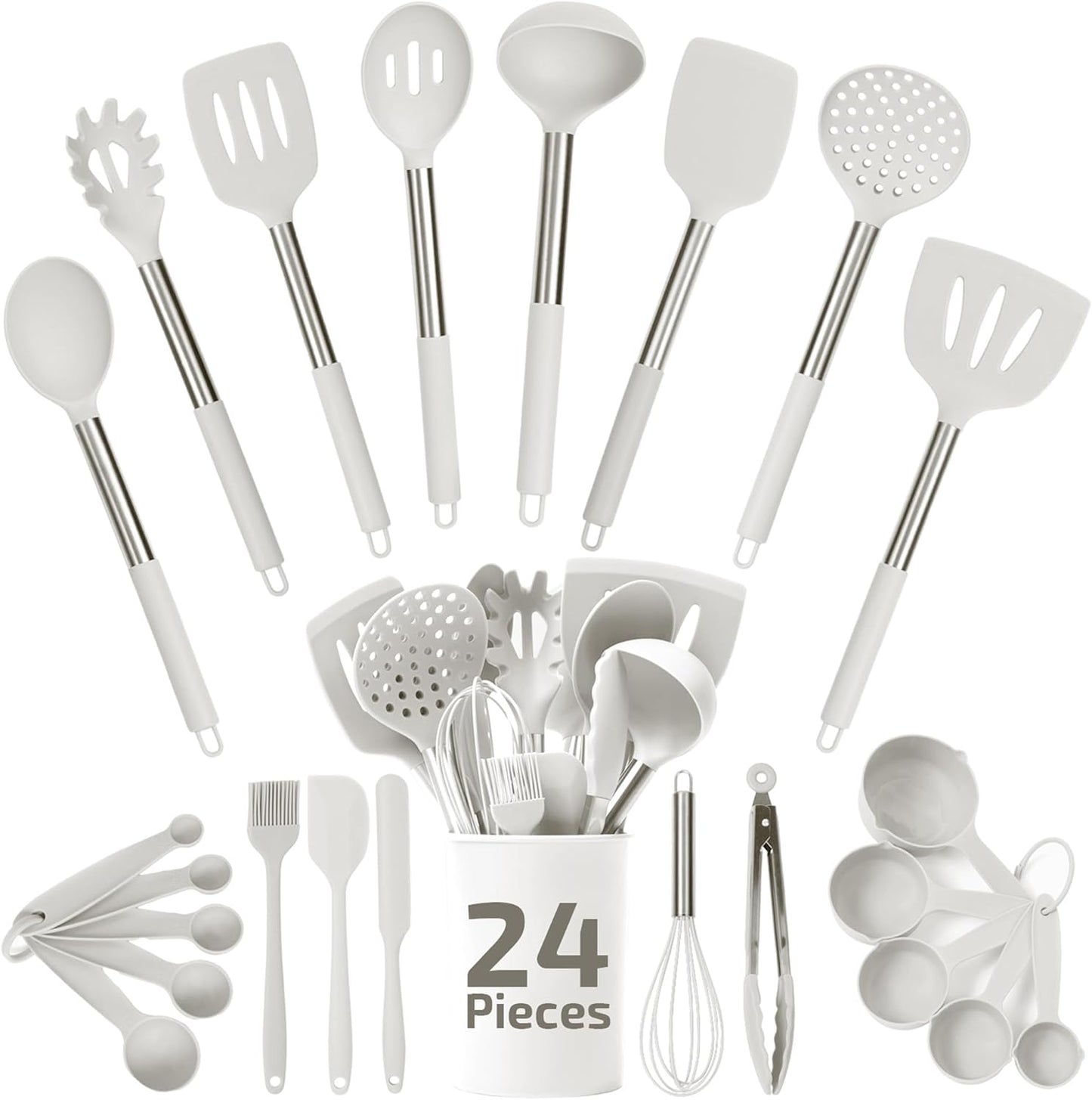 Silicone Kitchen Utensils Set 34 Pieces 450 °F Heat Resistant - Grey Cooking Utensils-Set for Nonstick Cookware - Silicone Spatulas Set, Stainless Steel Handle & Other Kitchen accessories