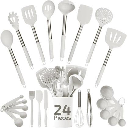 Silicone Kitchen Utensils Set 34 Pieces 450 °F Heat Resistant - Grey Cooking Utensils-Set for Nonstick Cookware - Silicone Spatulas Set, Stainless Steel Handle & Other Kitchen accessories