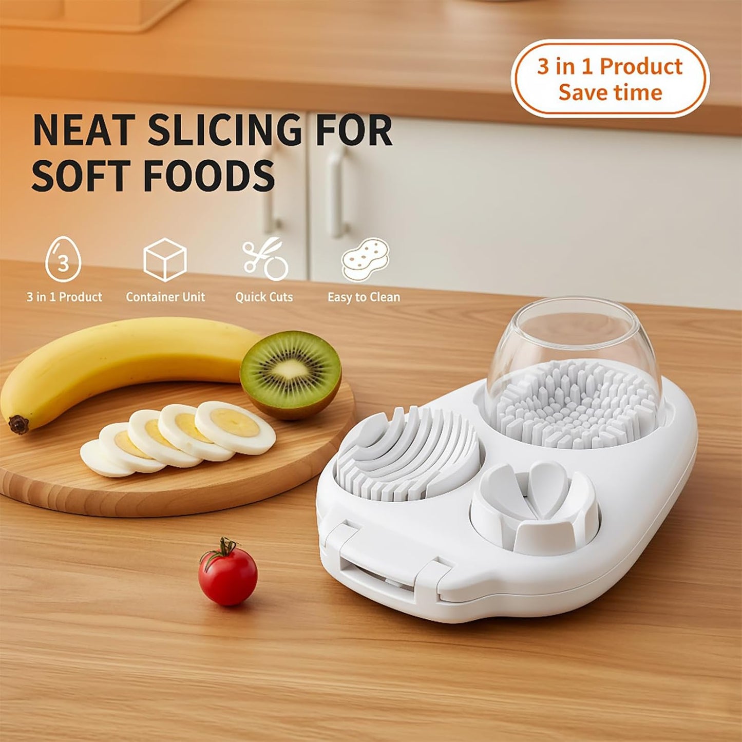 3-in-1 Egg Slicer for Hard Boiled Eggs – Stainless Steel Dicer & Cuber, 3 Slice Modes Kitchen Gadget for Strawberry, Cherry Tomato, Grape – Durable, Dishwasher Safe, BPA-Free (White)