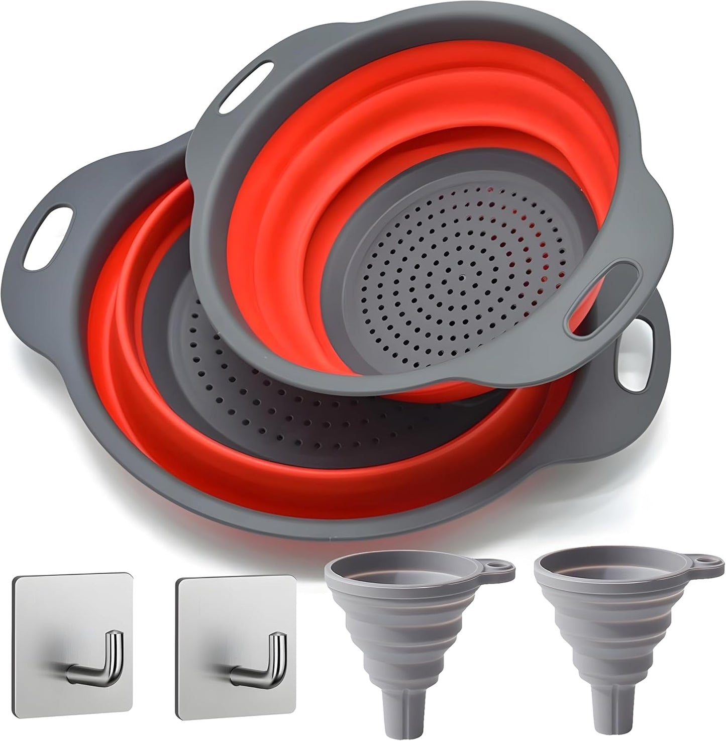 Collapsible Colander Set with 2 Stainless Steel Hooks & 2 Silicone Funnels, Foldable Kitchen Strainer Basket for Pasta and Vegetables, Space Saving RV & Camping Kitchen Accessories – Blue