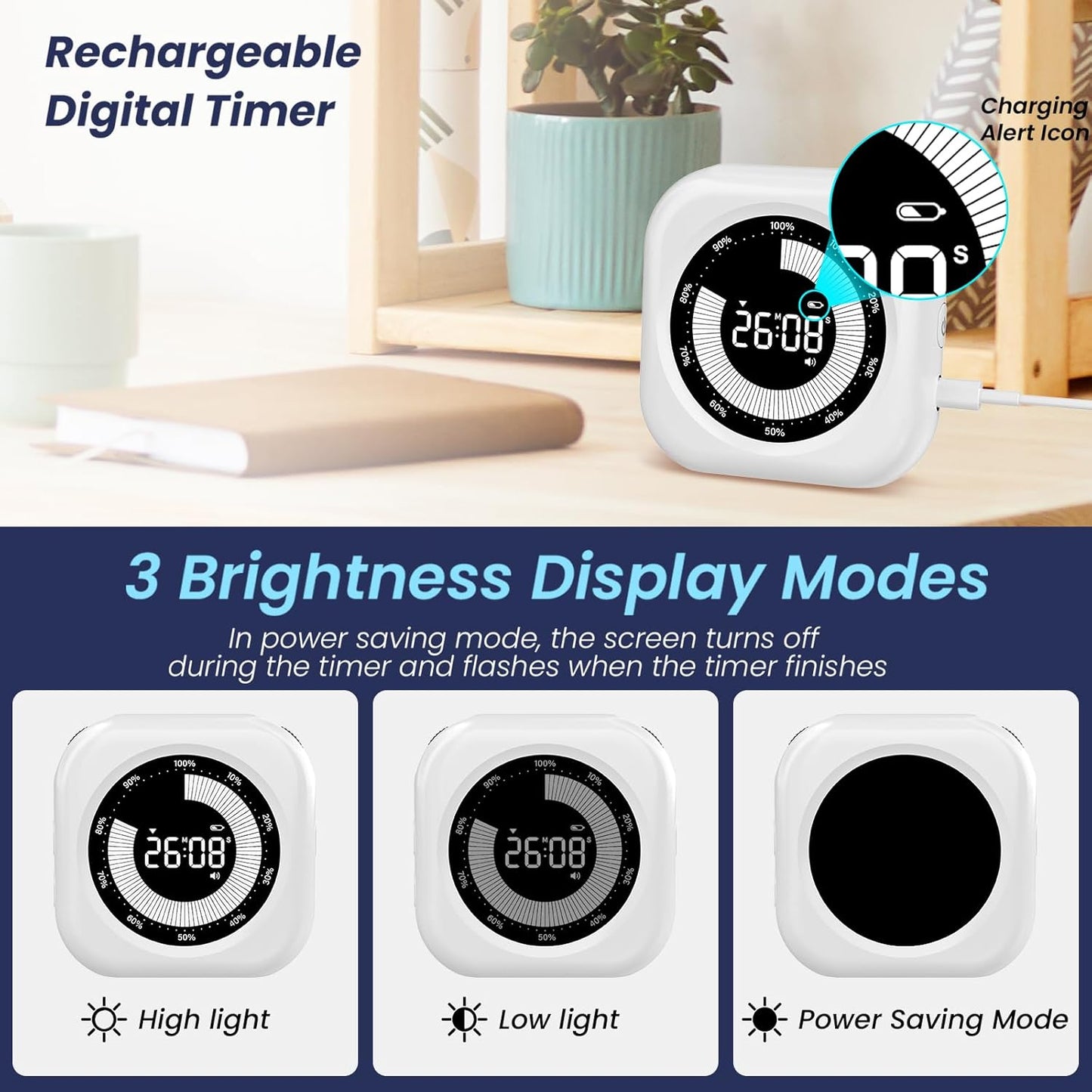 PERSUPER Visual Timer for Kids, 10 Hours Countdown/Up, with Rechargeable, 3 Volume Levels, 3 Brightness Display, and Magnetic, Homeschool Study Tool, Large Digital Timers for Classroom, Kitchen