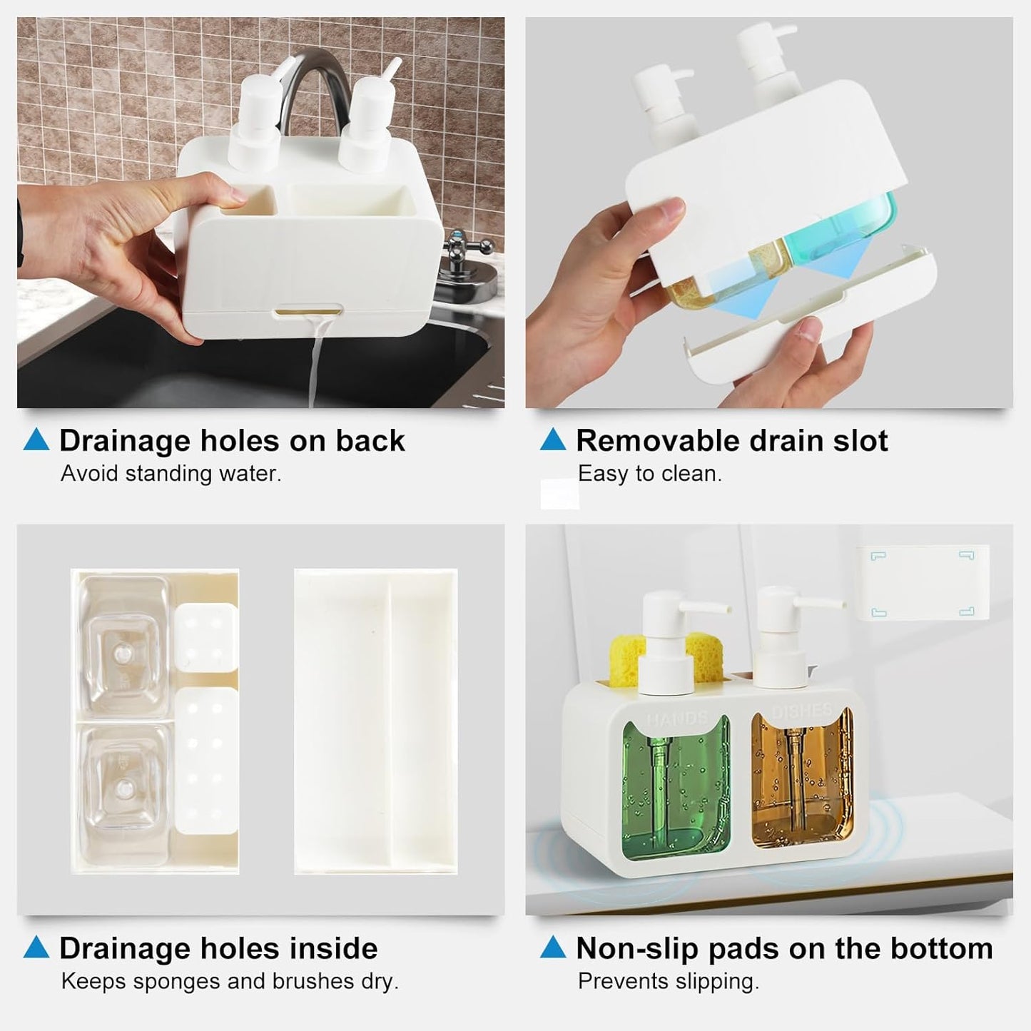 Kitchen Soap Dispenser Set, with Hand and Dish Soap, Sponge Caddy and Brush Holder 4-in-1 Kitchen Dual Soap Dispenser Set for Kitchen Sink, Bathroom - Black
