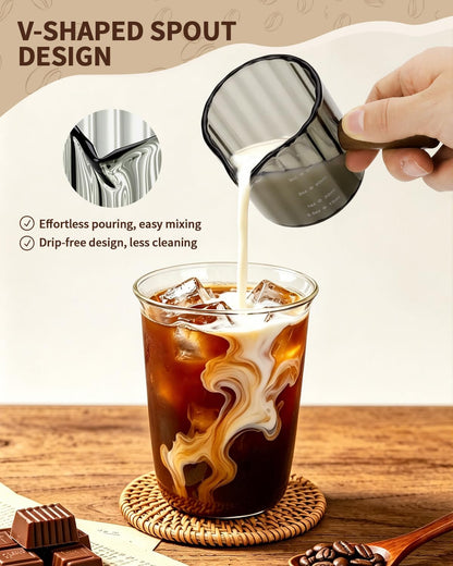 2 Pack Espresso Measuring Cups, 4oz Borosilicate Glass Espresso Shot Glasses with Wood Handle, V-Shaped Spout Ribbed Milk Frothing Cup, Measuring Cup for Coffee, Latte, Cappuccino, Tea, Syrup