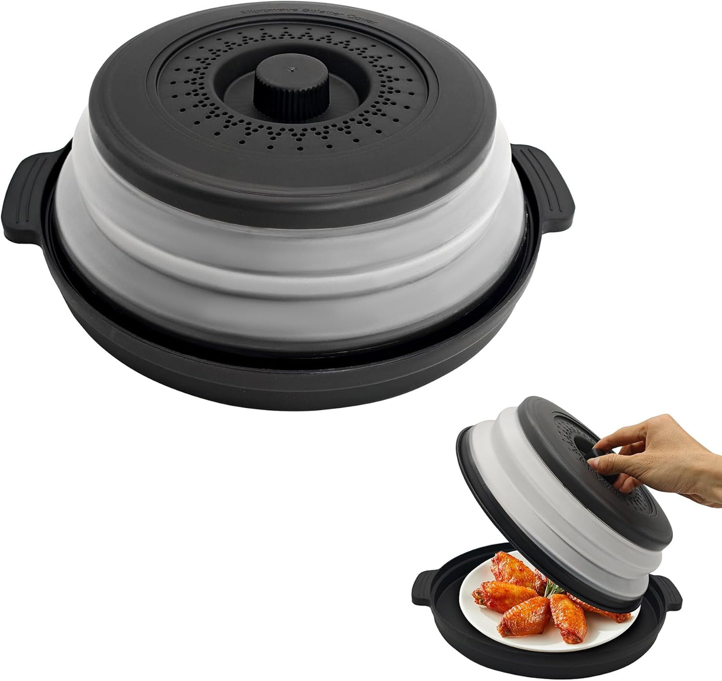 Microwave Food Cover With Handle - Collapsible And Vented Silicone Splash Guard With Tray - For Microwave Food Heating-Splash Guard Can Be Used As a Draining Basket For Washing Vegetables (Gray)