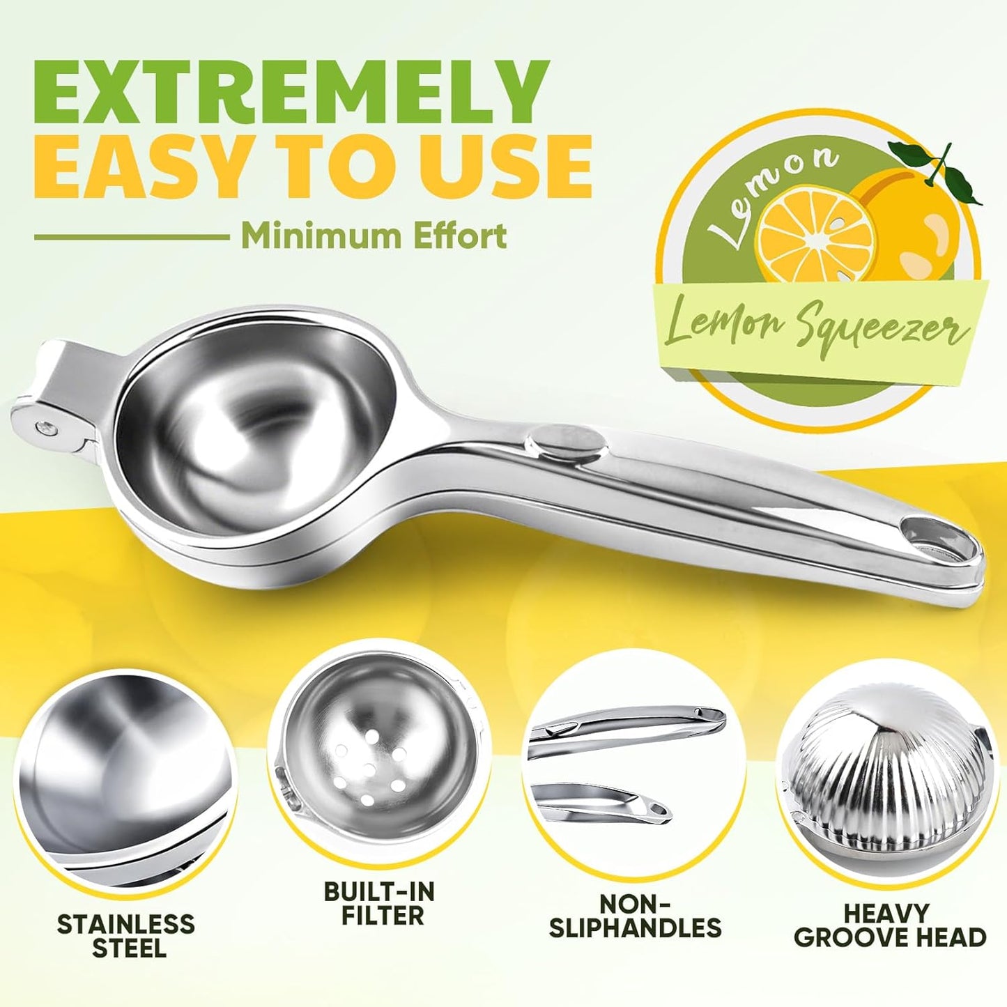 Lemon Squeezer Large, Lemon Squeezer Juicer Stainless Steel, Heavy Duty Manual Citrus Juicer Hand Press, Kitchen Tools Lime Squeezer Bar Tool, Easy to Clean Metal Lemon Hand Press