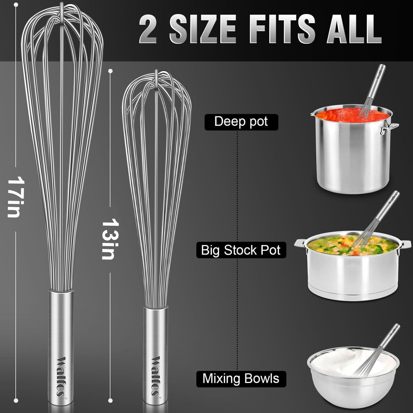 Walfos Whisk,304 Stainless Steel whisk,No-Rust 7+9+11inch Whisks for cooking Nice for Blending,Whisking,Beating.Heat resistant 600°F Dishwasher Safe. Heavy duty kitchen whisk.17.7+22.8+27.9cm -SILVER