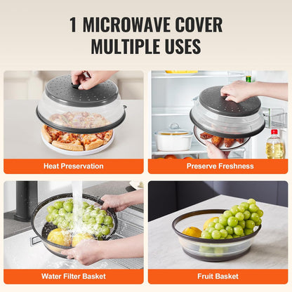 VEVOR Microwave Splatter Covers, 2 Pack 10.4" Collapsible Microwave Lid for Food, 300°F Heat-Resistant PP Splatter Guard for Plate Dish, Multi-Use Kitchen Colander Gadget for Washing Fruits Vegetables