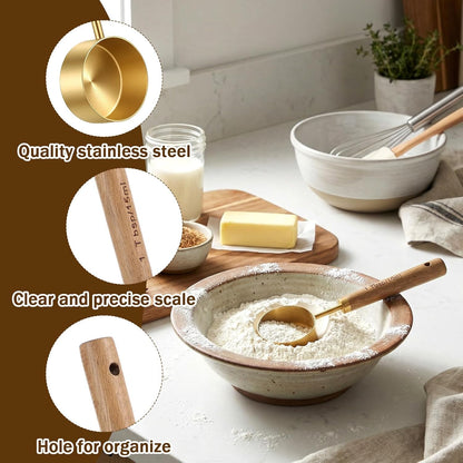 2Pcs Stainless Steel Wood 1 Teaspoon Scoop, Wood Long Handle Coffee Scoop Gold Stainless Steel Tablespoon Measuring Spoon for Ground Coffee Tea, 15ml