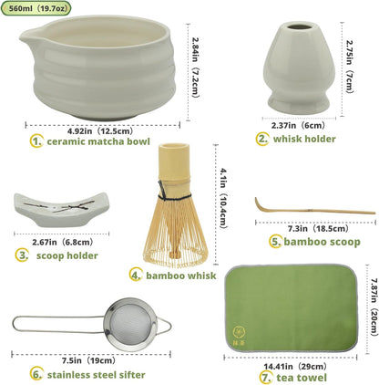 Matcha whisk Set,7 Pcs Matcha Making Kit with whisk Whisk, Ceramic Bowl, Sifter, Scoop, Holder, Stand, and Tea Towel for Ultimate Matcha Experience(Pink)