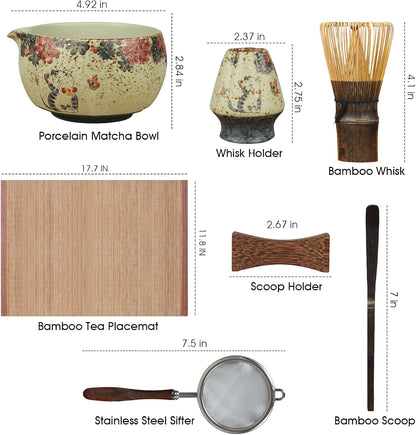 Matcha Whisk Set, 7-Piece Matcha Kit with Ceramic Bowl, Bamboo Whisk, Scoop, Sifter, Holder & Bamboo Mat – Premium Matcha Tea Set for Beginners & Matcha Lovers, Gift Ready