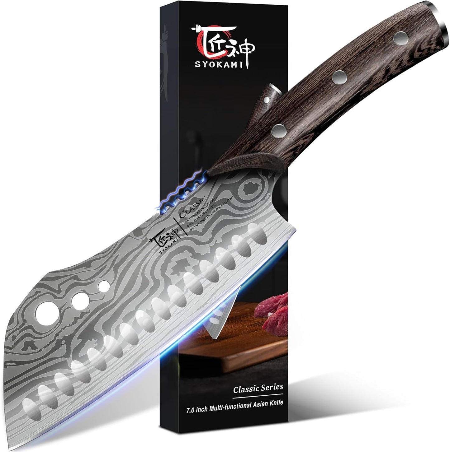 SYOKAMI Cleaver Chef Knife with Herb Stripper, 7" Asian Kitchen Knife 3-in-1 Combined with Chef's Knife, Santoku, Nakiri for Slicing, Chopping, Dicing, Mincing, Housewarming Birthday Cooking Gifts