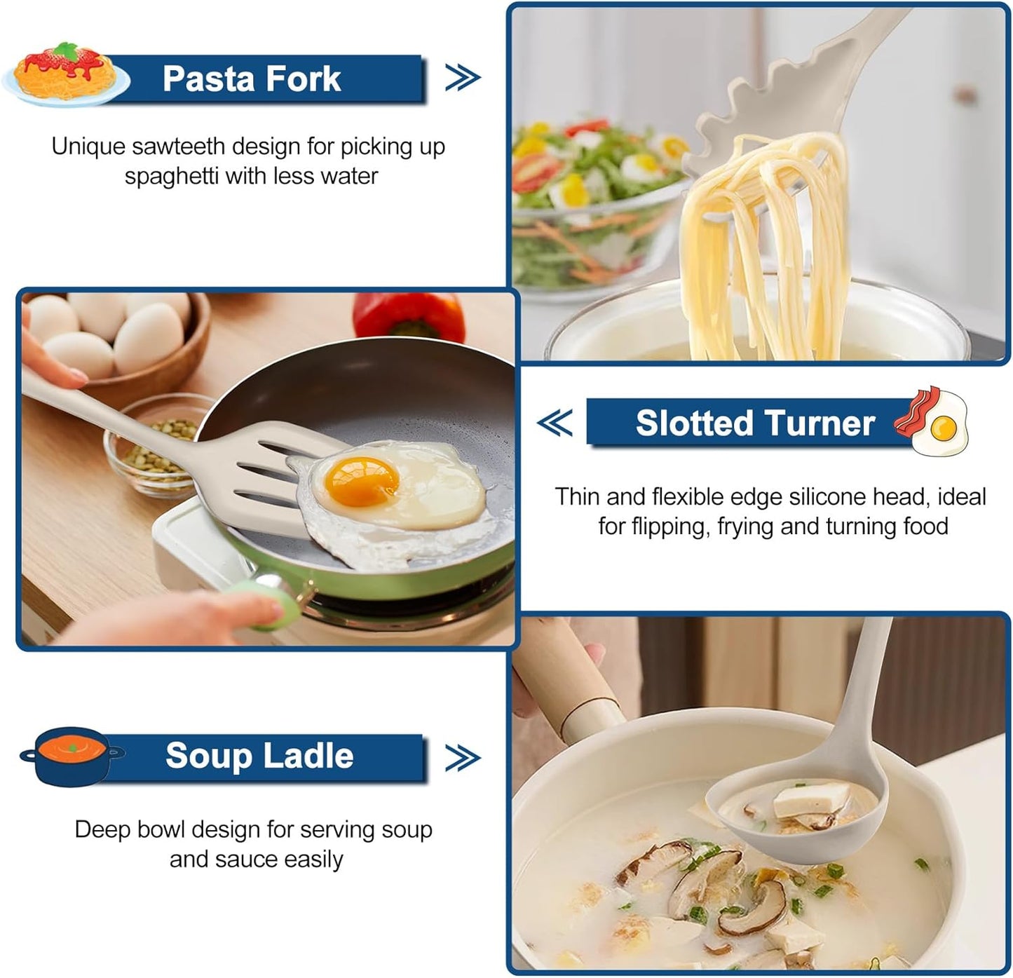 TeamFar Silicone Cooking Utensil Set of 7, Black Kitchen Nonstick Tools Turner Spoon Spatula Ladle Pasta Server for Nonstick Cookware, Healthy & One-Piece, Anti-Heat & Dishwasher Safe