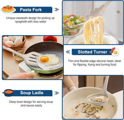 TeamFar Silicone Cooking Utensil Set of 7, Black Kitchen Nonstick Tools Turner Spoon Spatula Ladle Pasta Server for Nonstick Cookware, Healthy & One-Piece, Anti-Heat & Dishwasher Safe