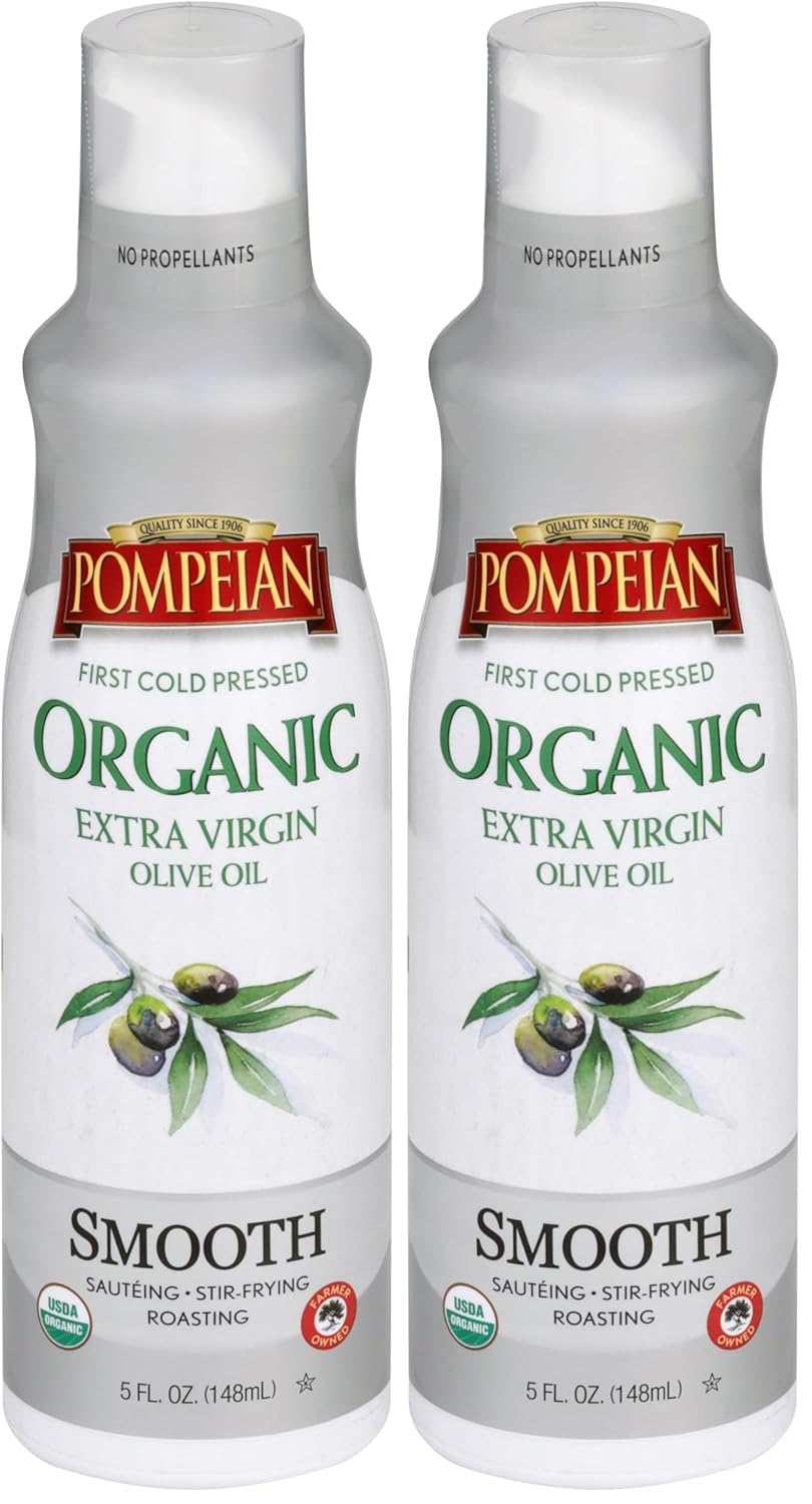 Pompeian Robust Organic Extra Virgin Olive Oil Spray - No Propellants - First Cold Pressed Olive Oil for Cooking - Robust Flavor for Salads, Pasta, and Drizzling, 5 Fl Oz (3 Pack)