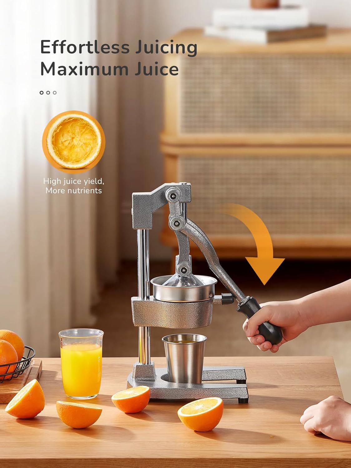 QCen Professional Cast Iron Manual Juicer, Heavy Duty Citrus Press with Stainless Steel Strainer, Easy-to-Clean Hand Squeezer for Orange, Lemon, Lime and Grapefruit - Black (Black)