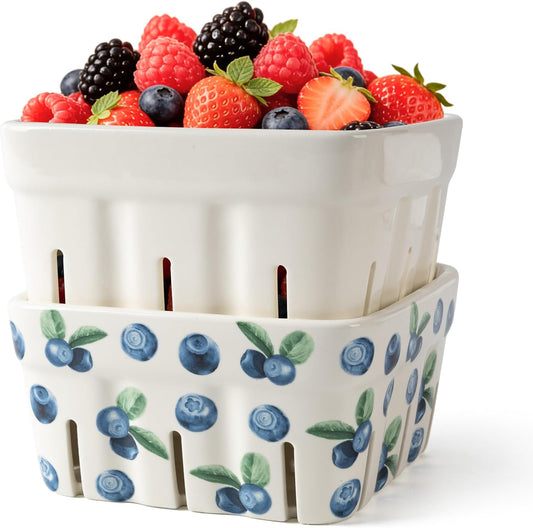 AELS Ceramic Berry Basket, 5.9" Large Size Container for Fruit & Vegetables, Farmhouse Fruit Bowl, Strawberry Decor, Farmers Market, White Pink and Cute Strawberry Pattern, Stoneware Harvest Bowls for