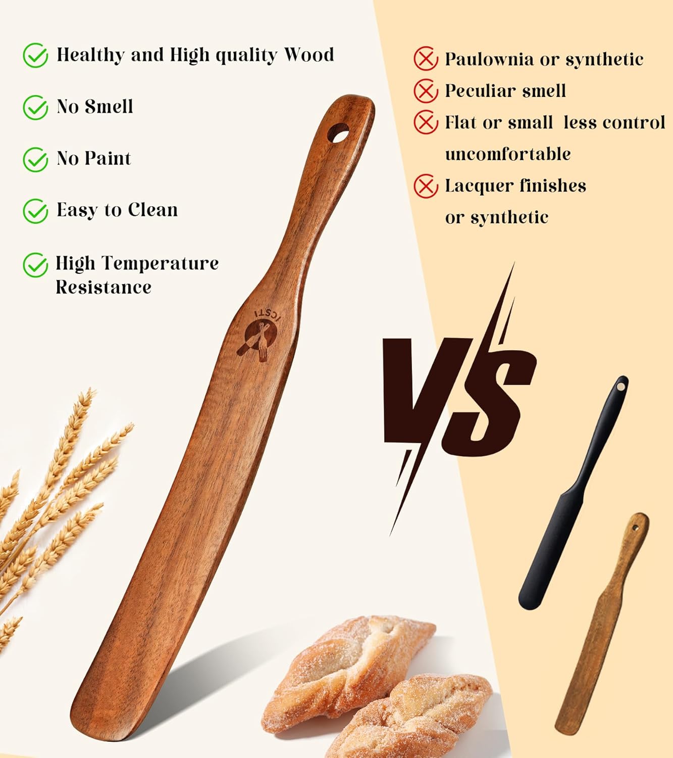 Skinny Spurtle for Sourdough Starter, Mixing, Reaching Bottom of Jar, Dough Whisk, Natural from High Moist Resistance Teak, Spurtles Kitchen Tools Wooden Kitchen Utensils for NonStick Cookware