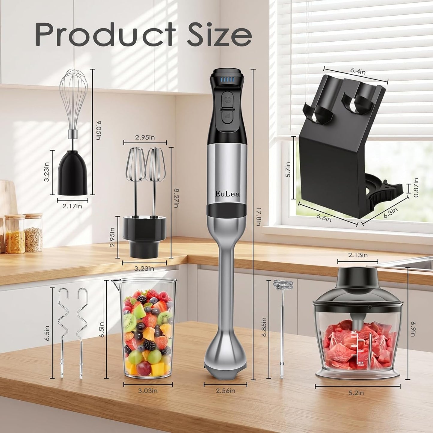 8-in-1 Hand Blender 1200W 5-Speed, Immersion Stick Blender Set with Meat Grinder Dough Hooks Whisk Mixing Cup Storage Rack, for Smoothie Soup Puree Food Dough