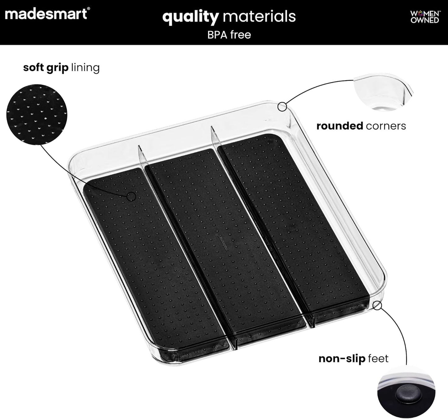 madesmart Premium Small Utensil Tray, Deep Storage for Ladles, Whisks & Serving Tools, Non Slip Lining, for Drawers & Home Organization, White
