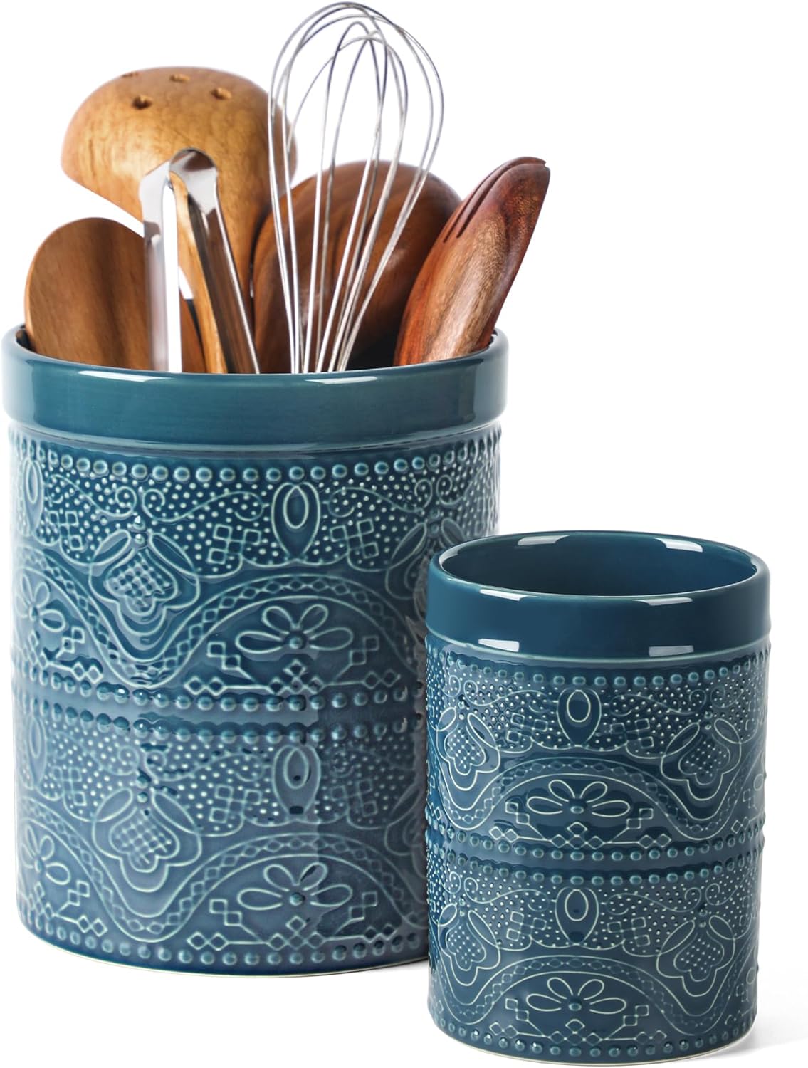 FUN ELEMENTS Kitchen Utensil Holder, 7.2" Super Large Utensil Crock Heavy and Stable Lace Emboss Ceramic Utensil Holder for Kitchen Counter (Bright White)