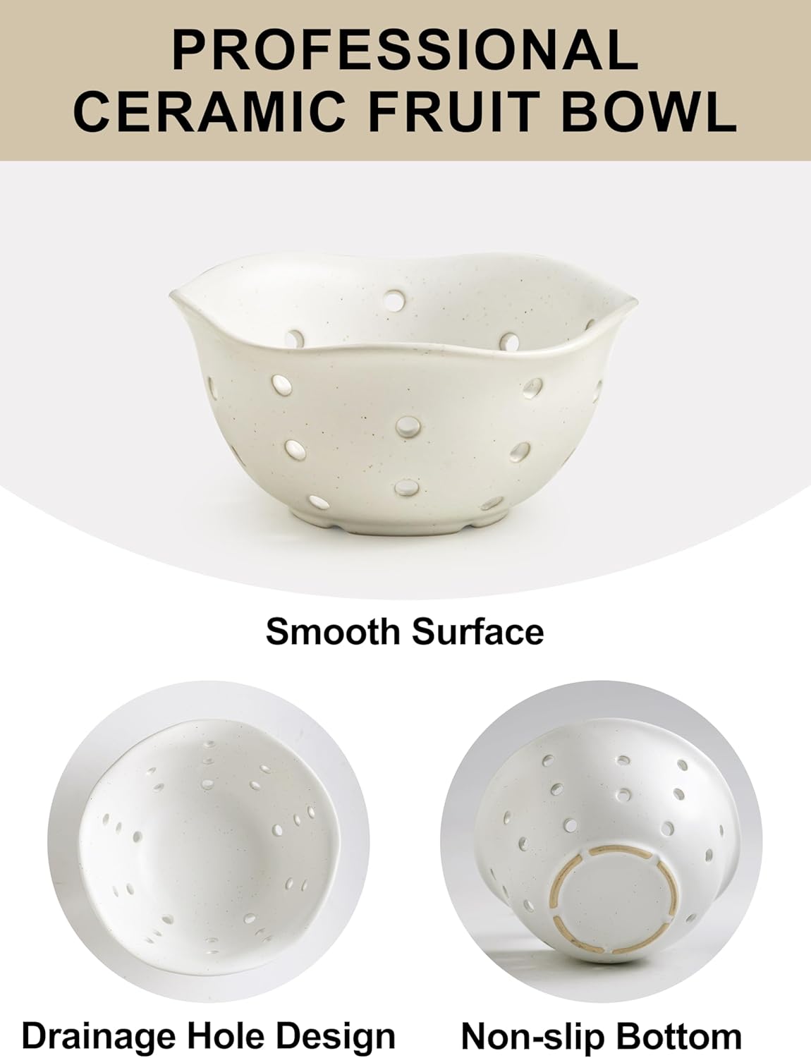 Gomakren Ceramic Berry Basket Set of 2, Round Fruit Bowl with Holes, Fruit Storage Containers for Fridge, Small Fruit Basket for Kitchen Counter, Berries, Strawberry, Mothers Day Gifts, White